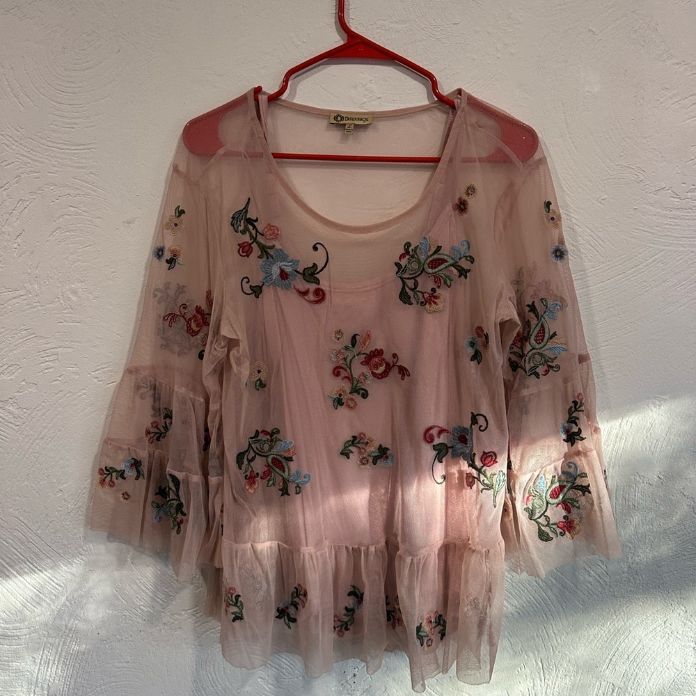 Pink embroidered mesh top with under shirt